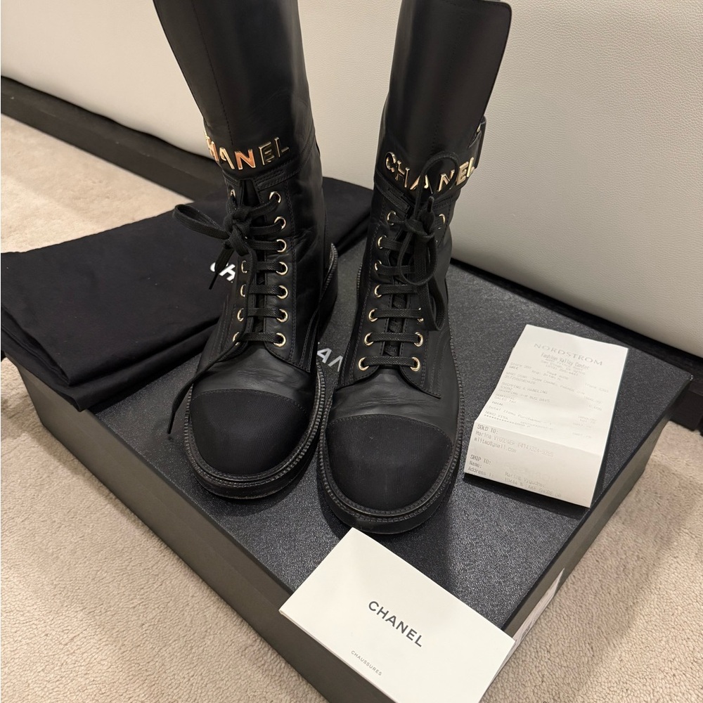 Chanel 21B Black Leather Lace Up Parade Combat Boots